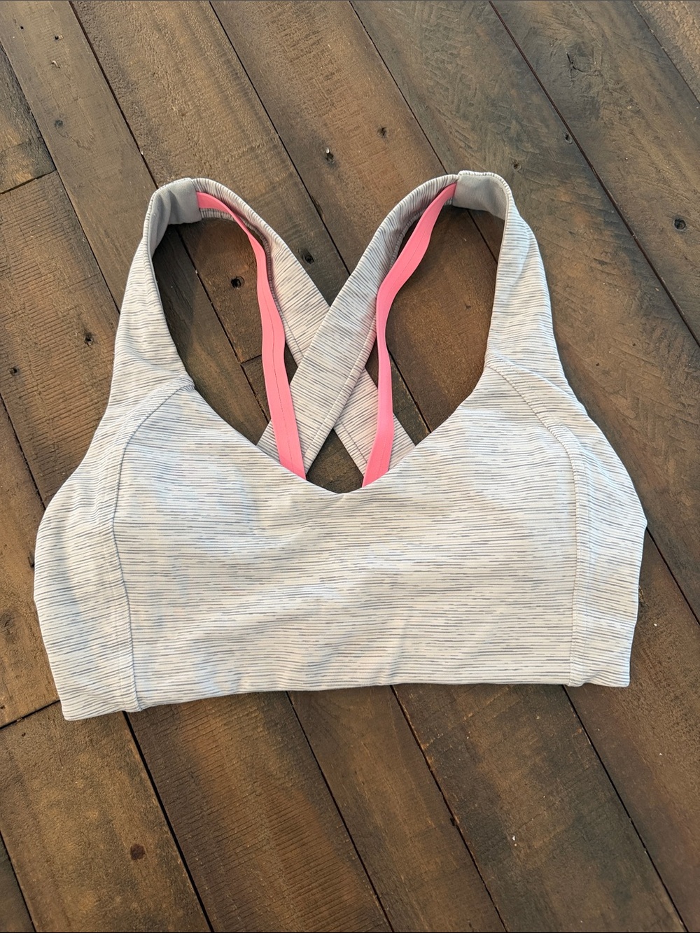 Lululemon Light Gray Striped Sports Bra with Pink Straps
